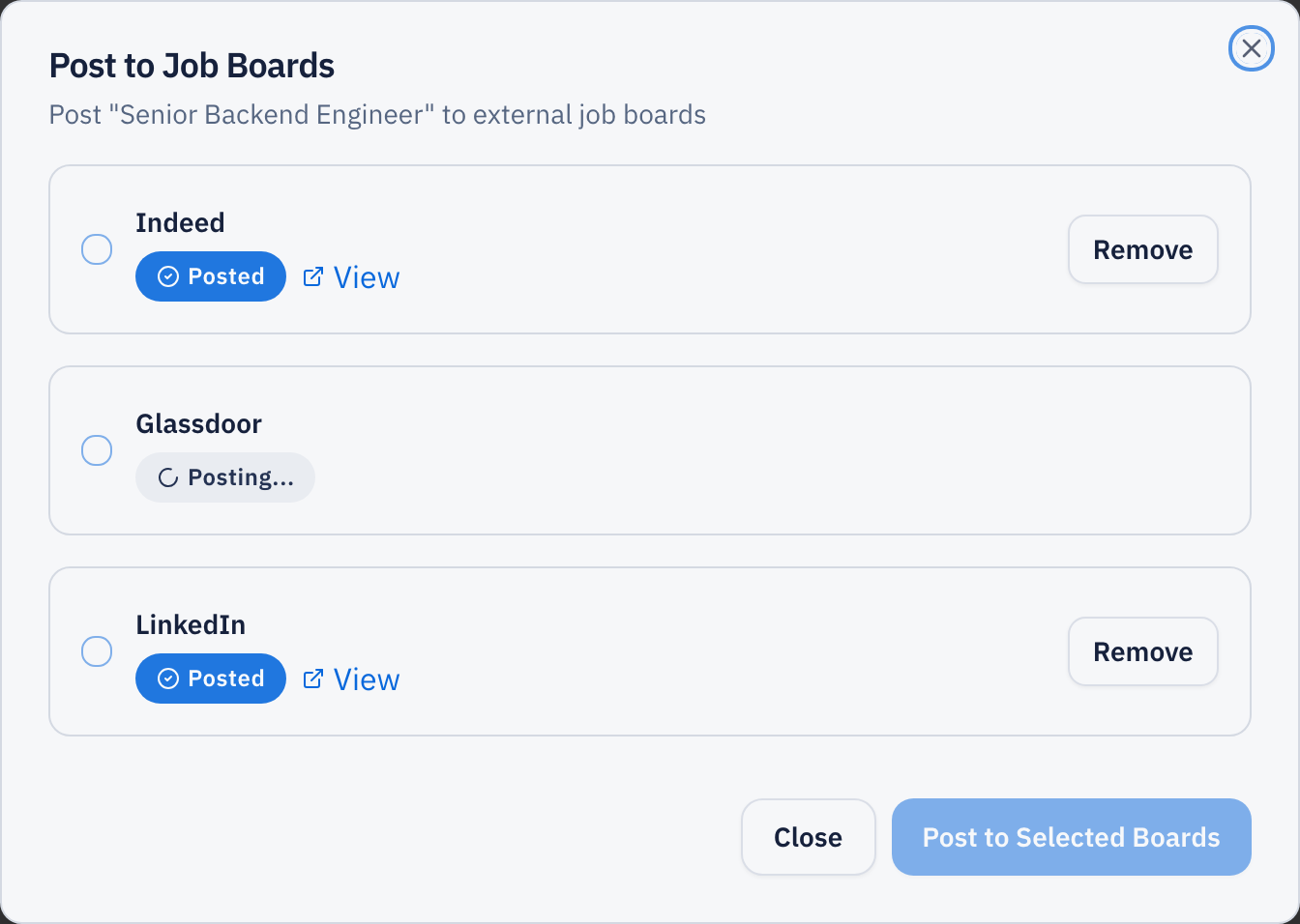 HeadHonta's Post to Job Boards dialog showing a Senior Backend Engineer role posted to Indeed and LinkedIn with Glassdoor still publishing